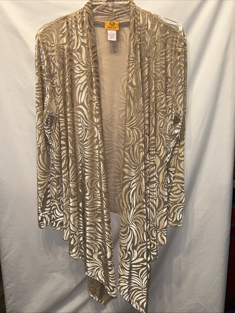 Ruby Rd Size Large Champagne Color Velvet Burnout Swirl Cardigan Waterfall Hem